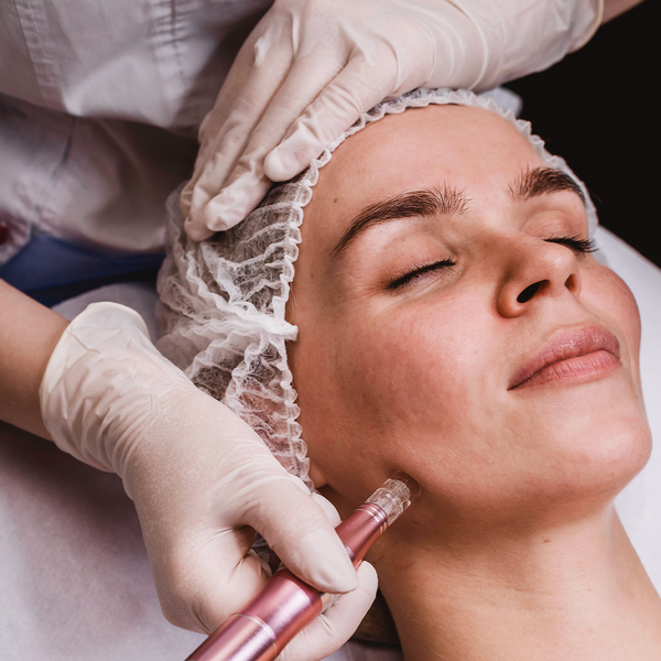 Aplicação de Dermapen facial ilustrando a técnica ensinada no Curso de Microagulhamento em Suzano.